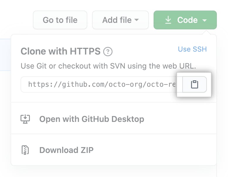 An Image of copy URL for clone icon on github