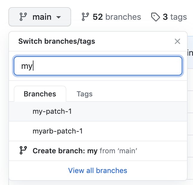 An images of branches listed on a repository in github