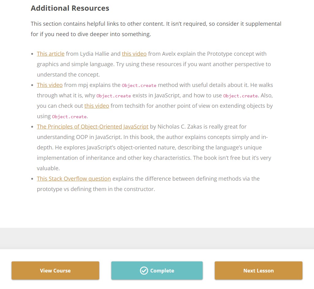 Additional Resources of JS objects and object constructors course