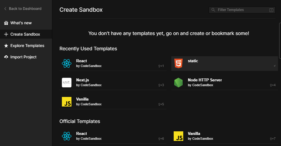 CodeSandbox Choose a Template