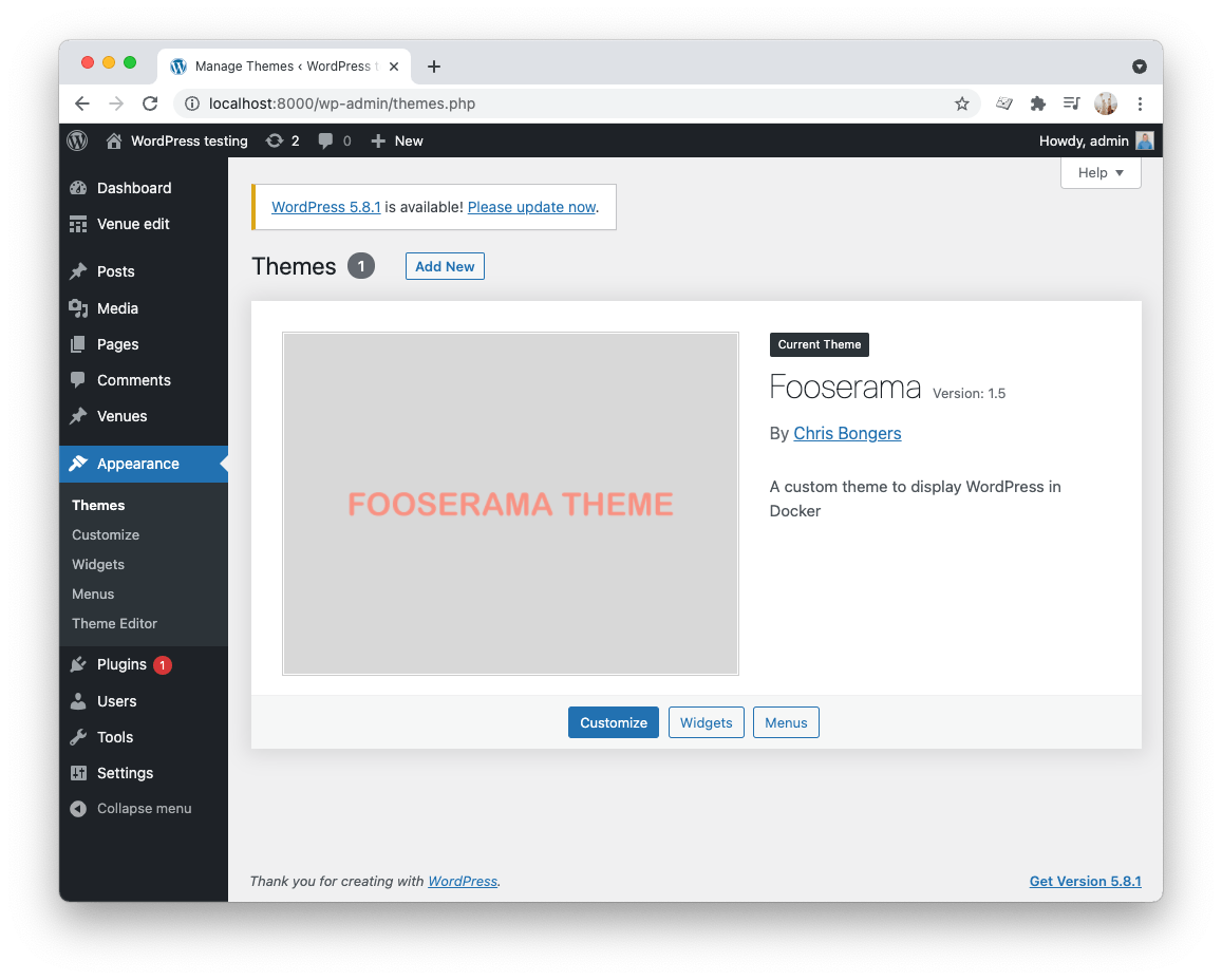 Custom WordPress theme loaded in Docker