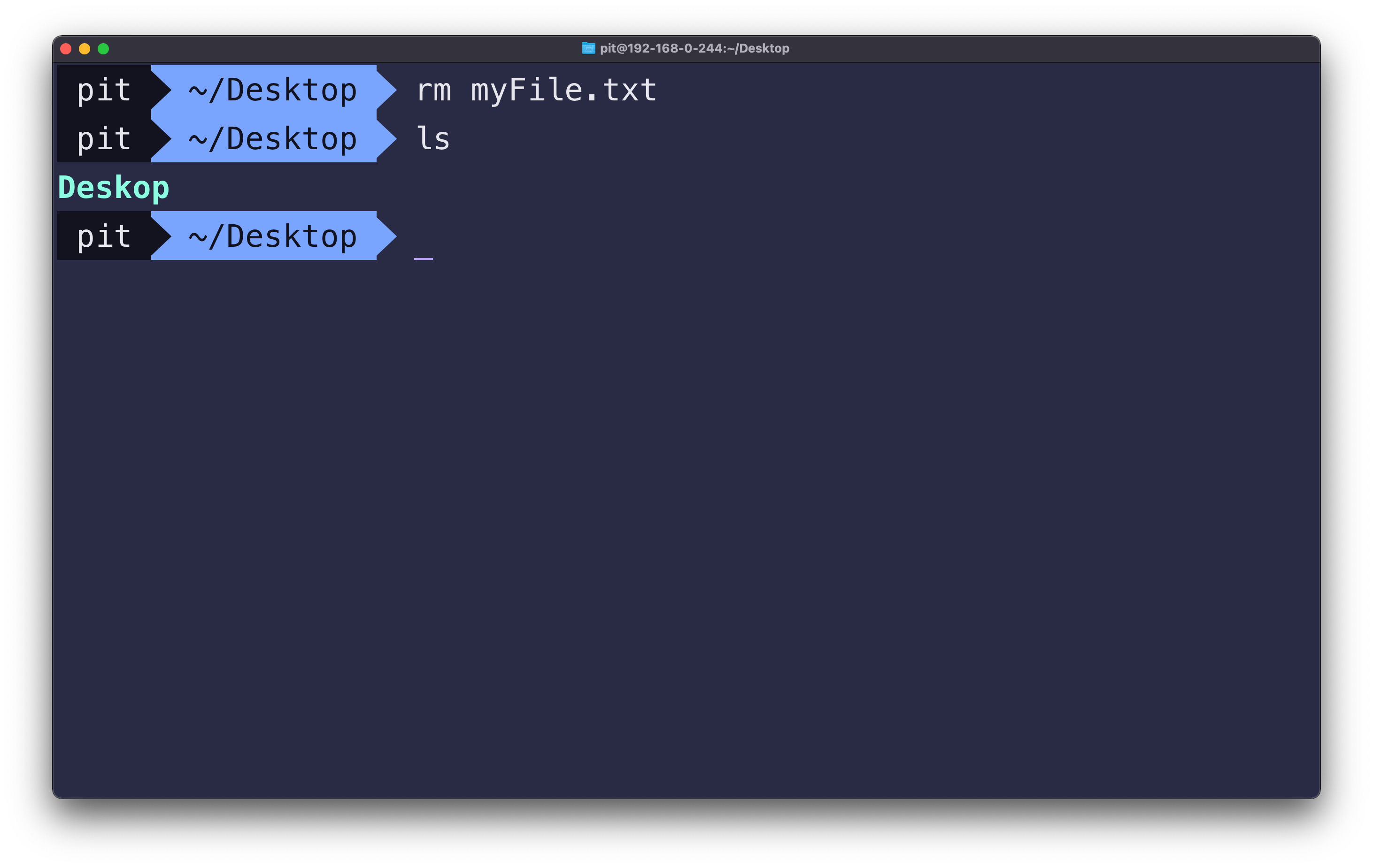 Screenshot illustrating the rm command on macOS terminal