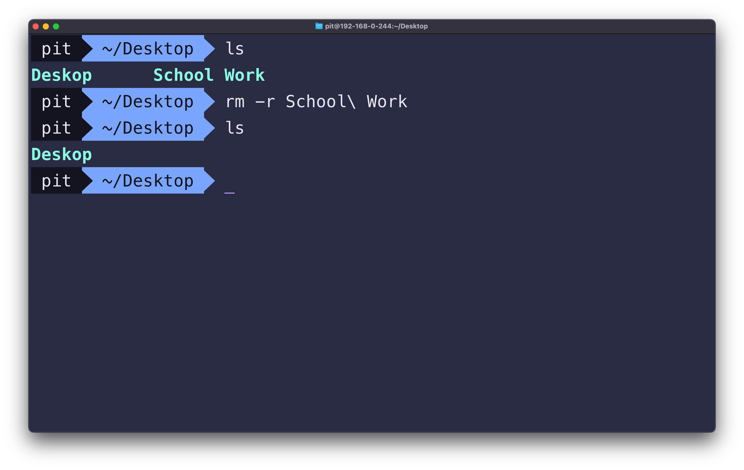 Screenshot illustrating the rm -r command on macOS terminal