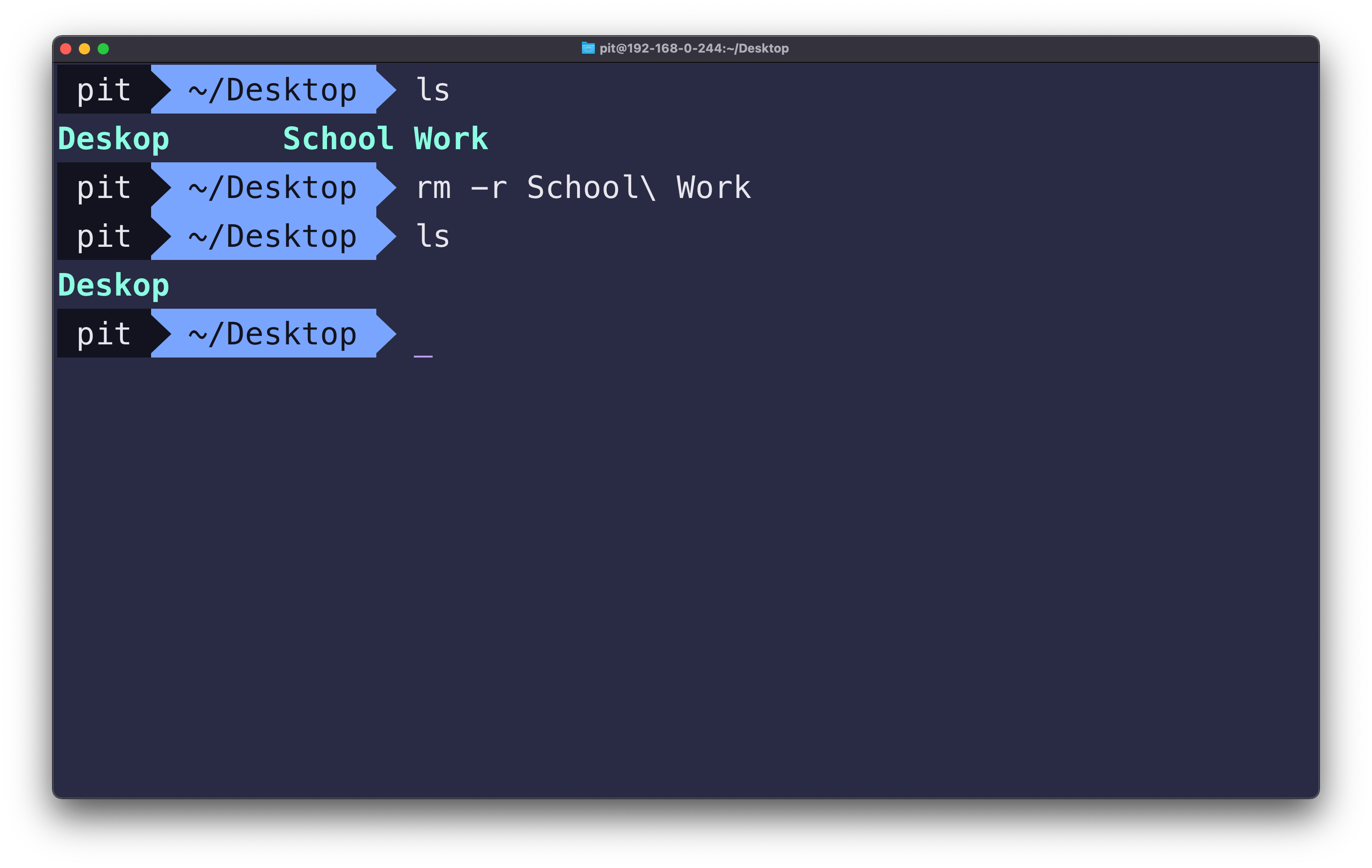 Screenshot illustrating the rm -r command on macOS terminal
