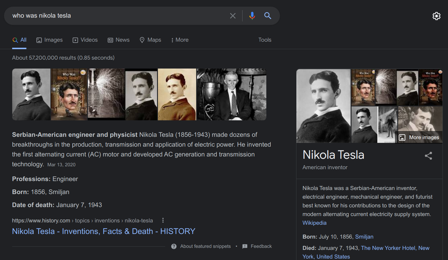 Google search for the term who was Nikola Tesla