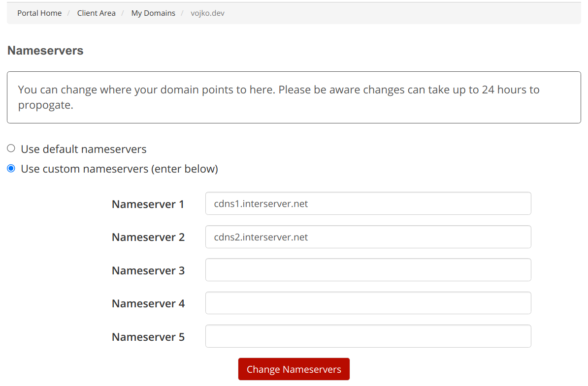 Using InterServer nameservers from the domain manager