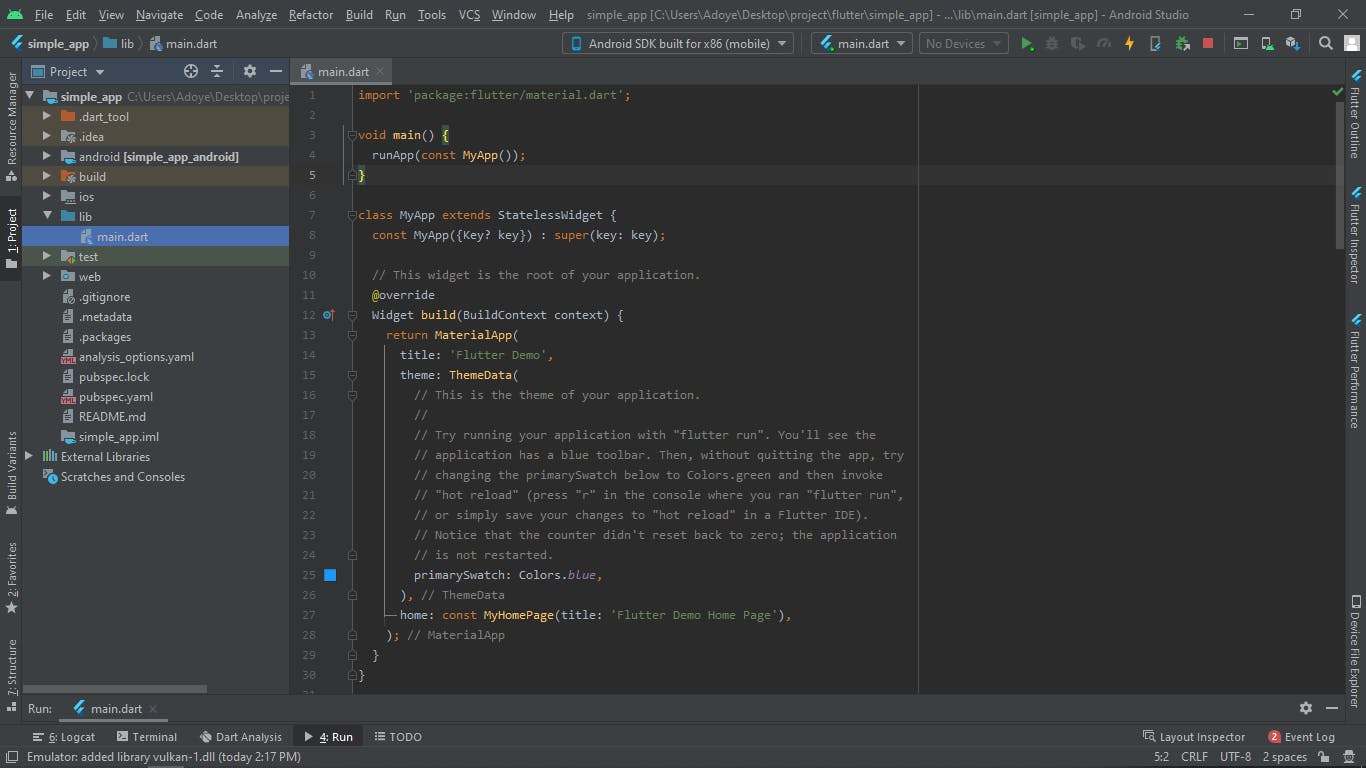 Image of android studio with a flutter and dart project open .png