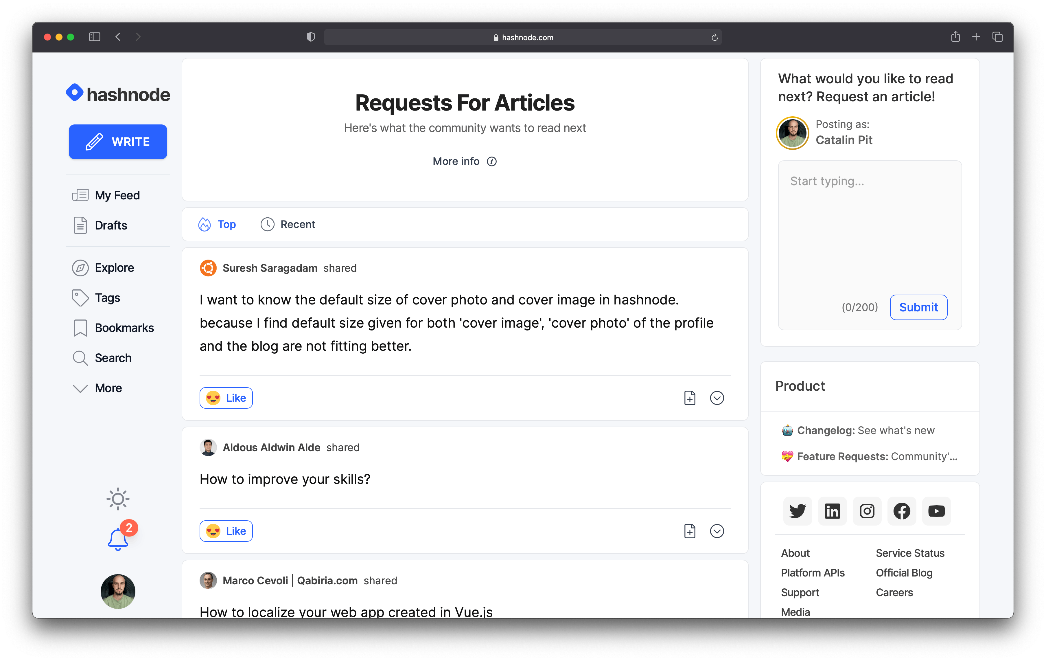 A screenshot of the Hashnode Requests For Articles web page