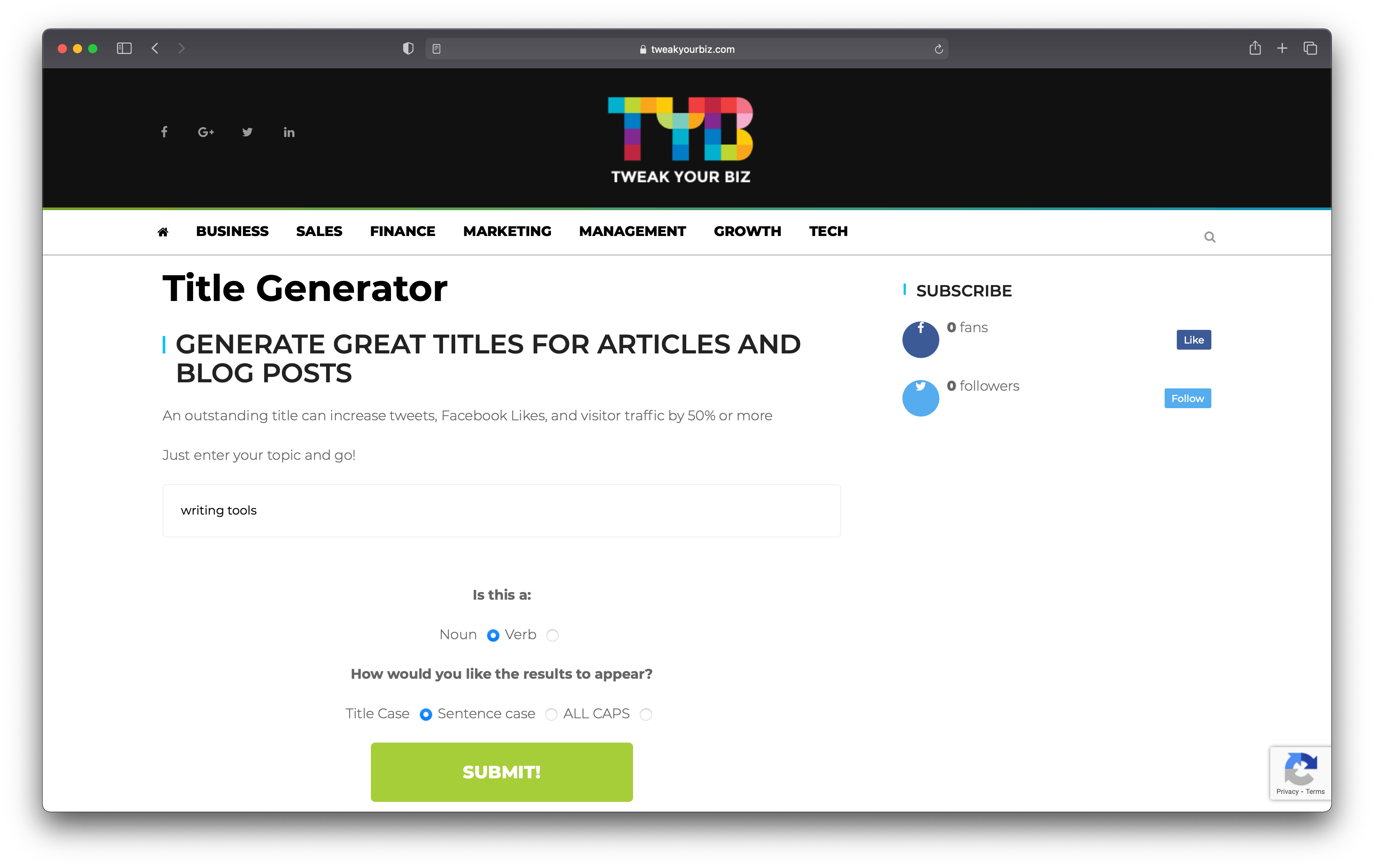 A screenshot of the Title Generator website