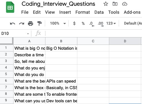 Displays first 5 columns of the google sheets document