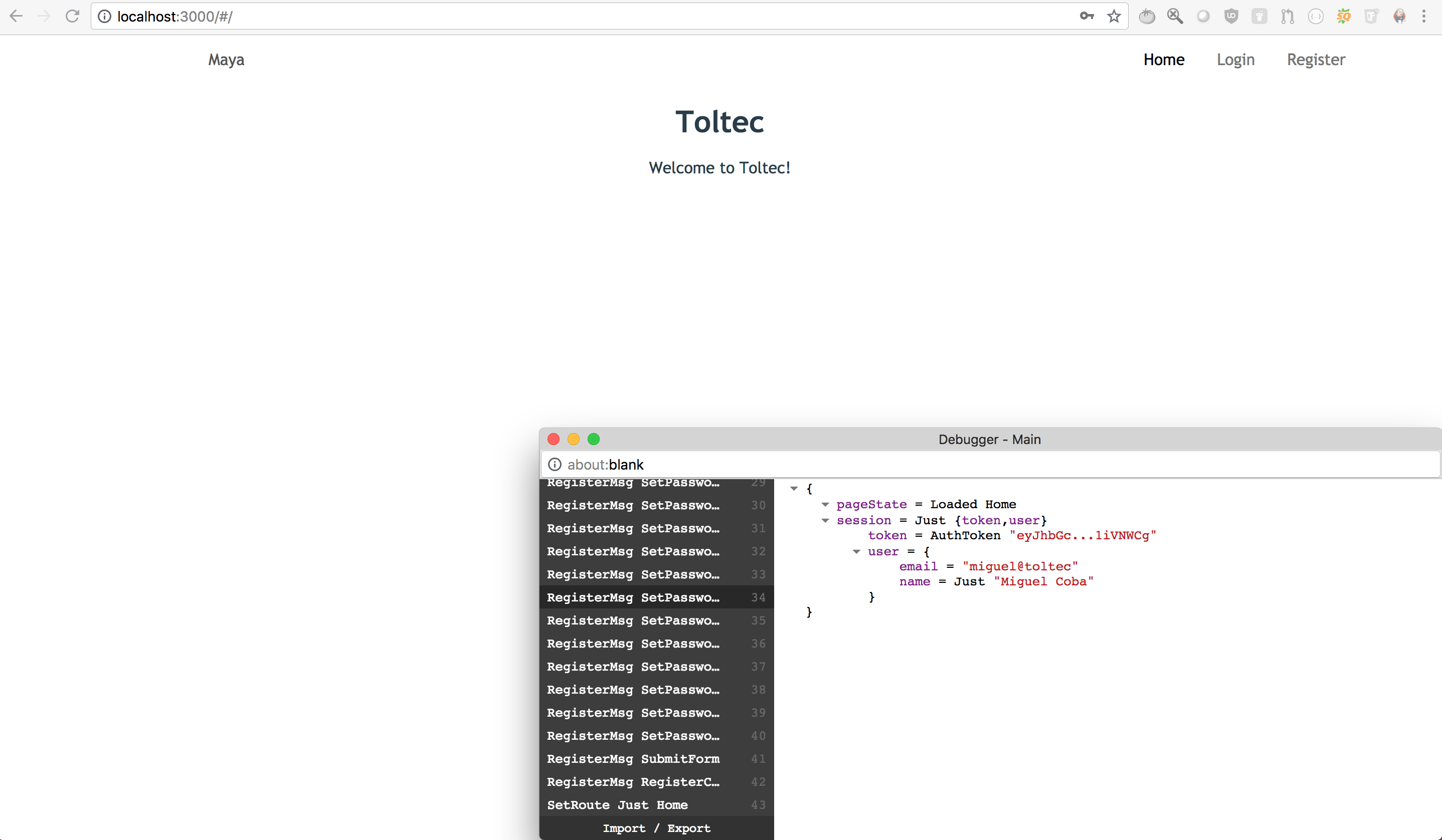 Toltec Home page after user creation and automatic loggin in