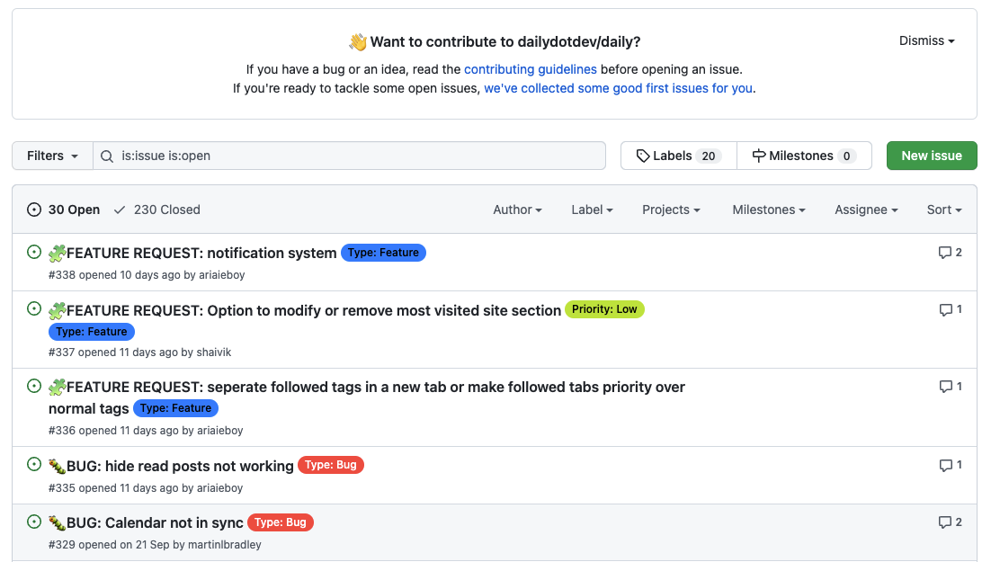 Issues screen on GitHub