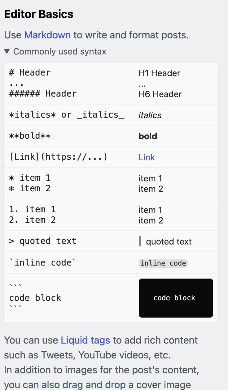 Markdown syntax supported by Dev.to editor