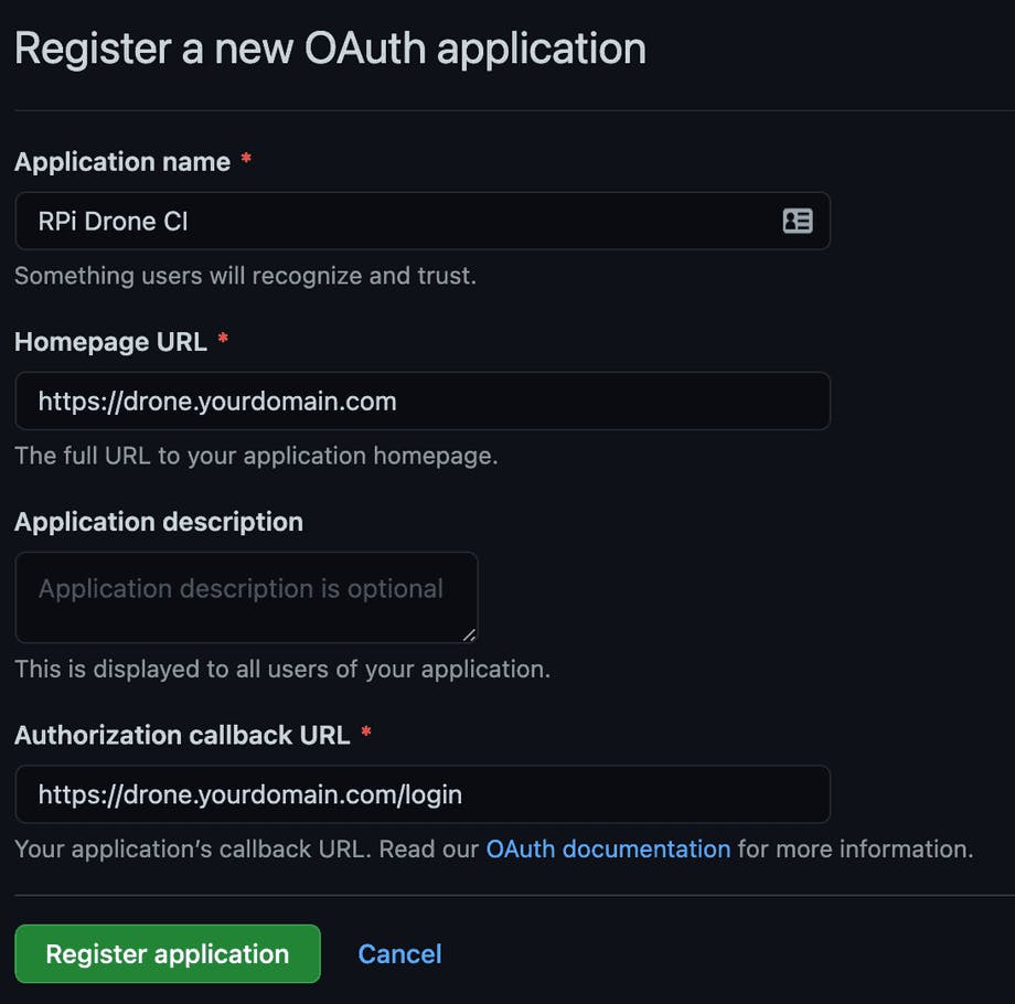 GitHub Register new OAuth application page