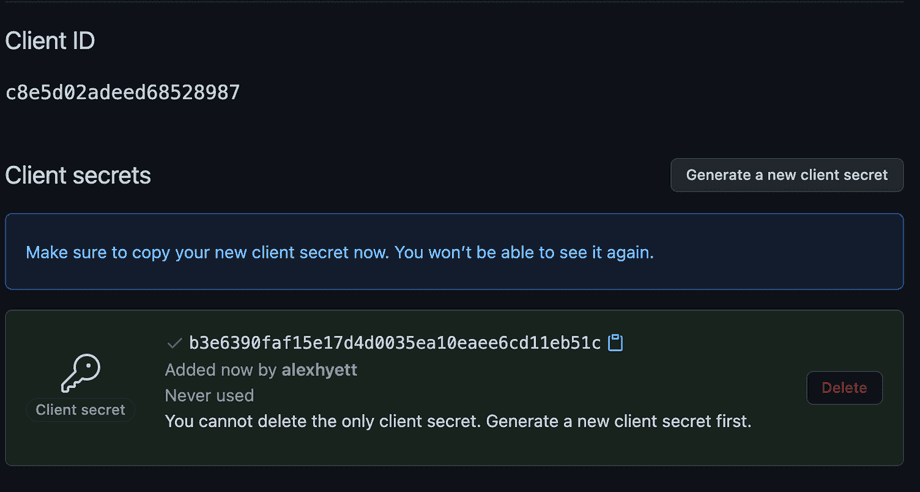 GitHub Client Secret page