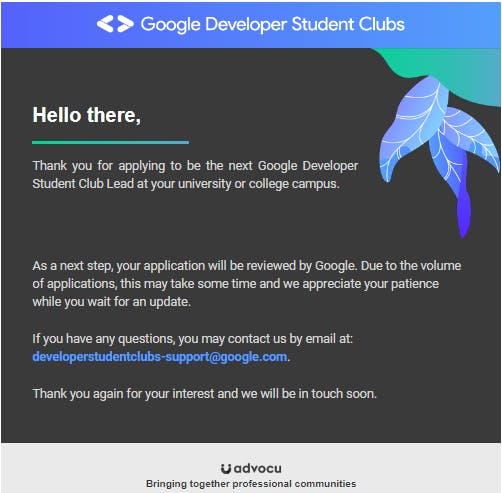 Thank you for applying Developer Student Clubs Application Process - Sai Ashish Konchada