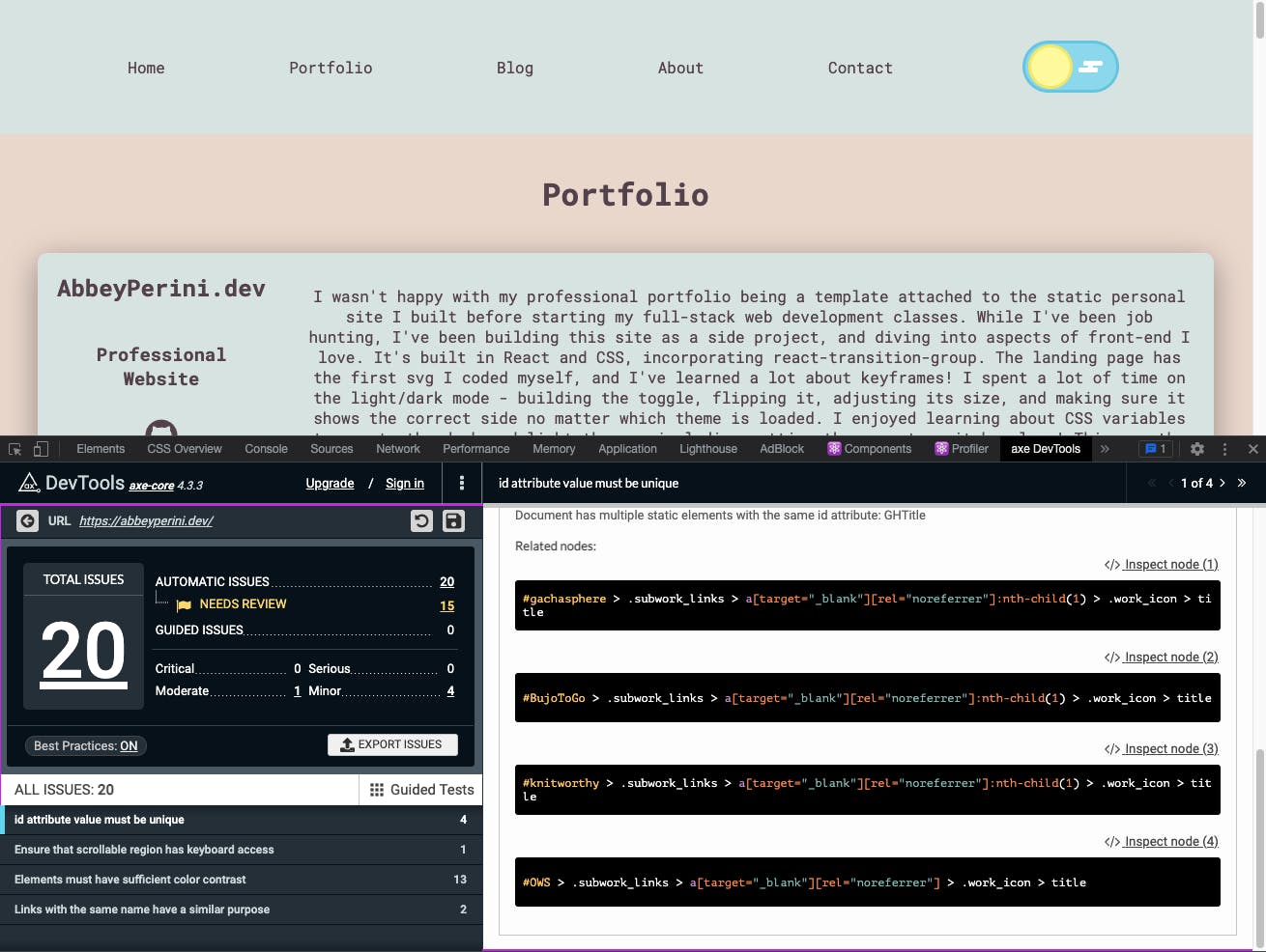 a screenshot of the main page of abbeyperini.dev in light mode with axe DevTools open