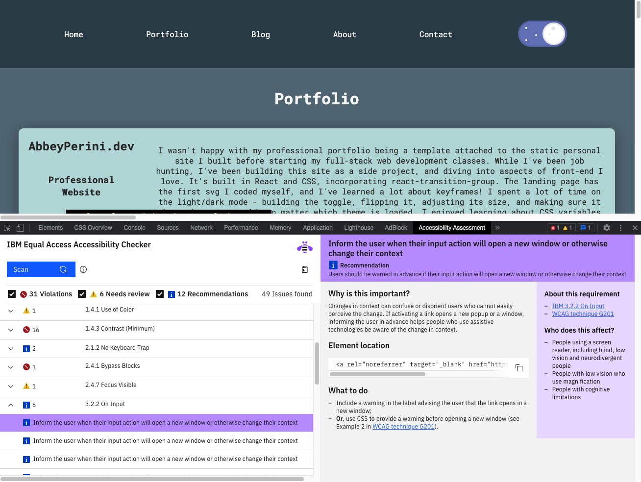 a screenshot of the main page of abbeyperini.dev with the IBM Equal Access Accessibility checker in use
