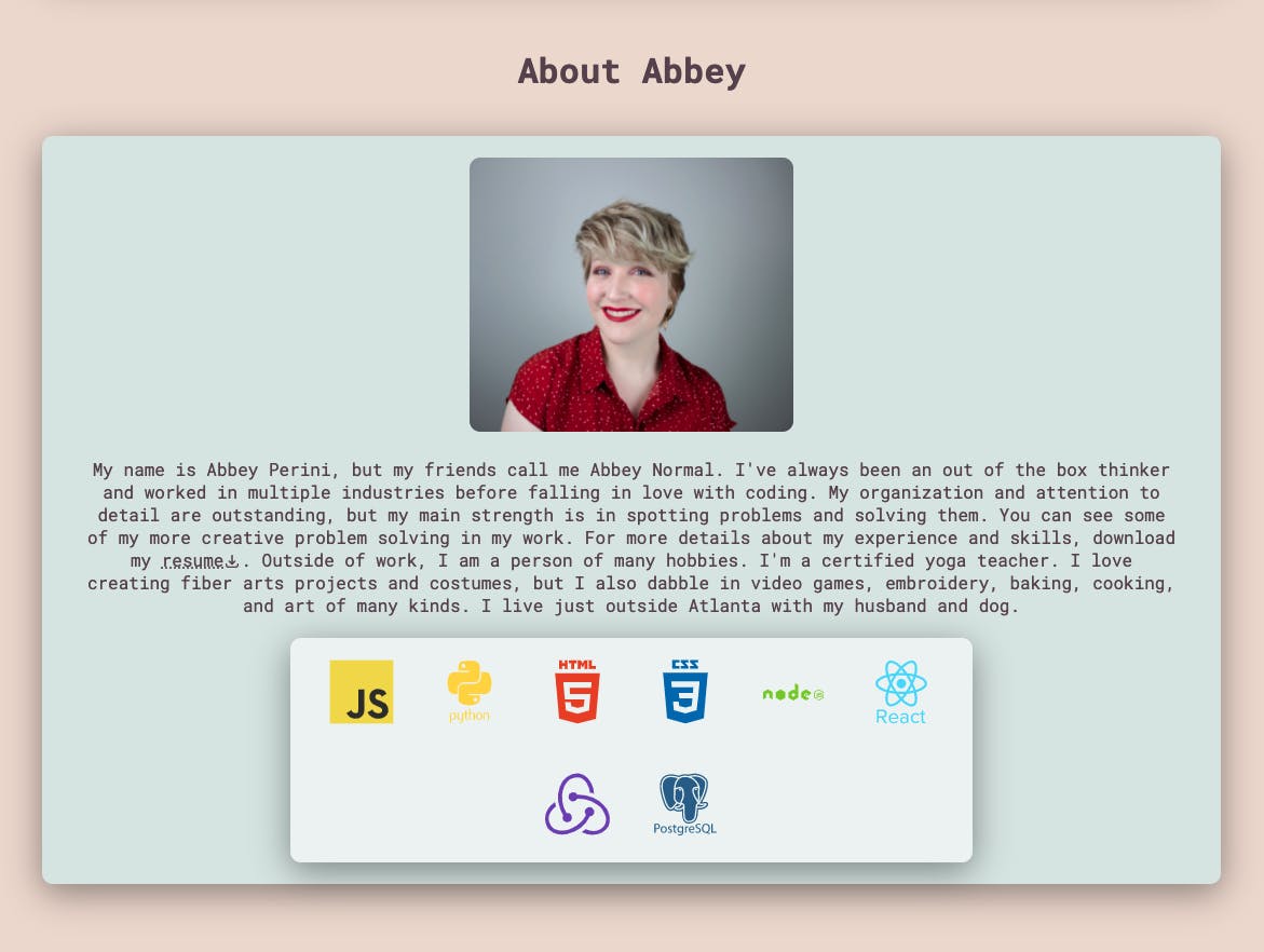 a screenshot of the About Abbey section with an updated headshot on abbeyperini.dev