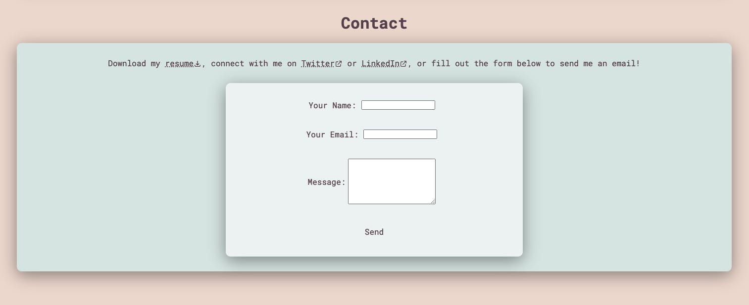 a screenshot of the contact section with updated links on abbeyperini.dev