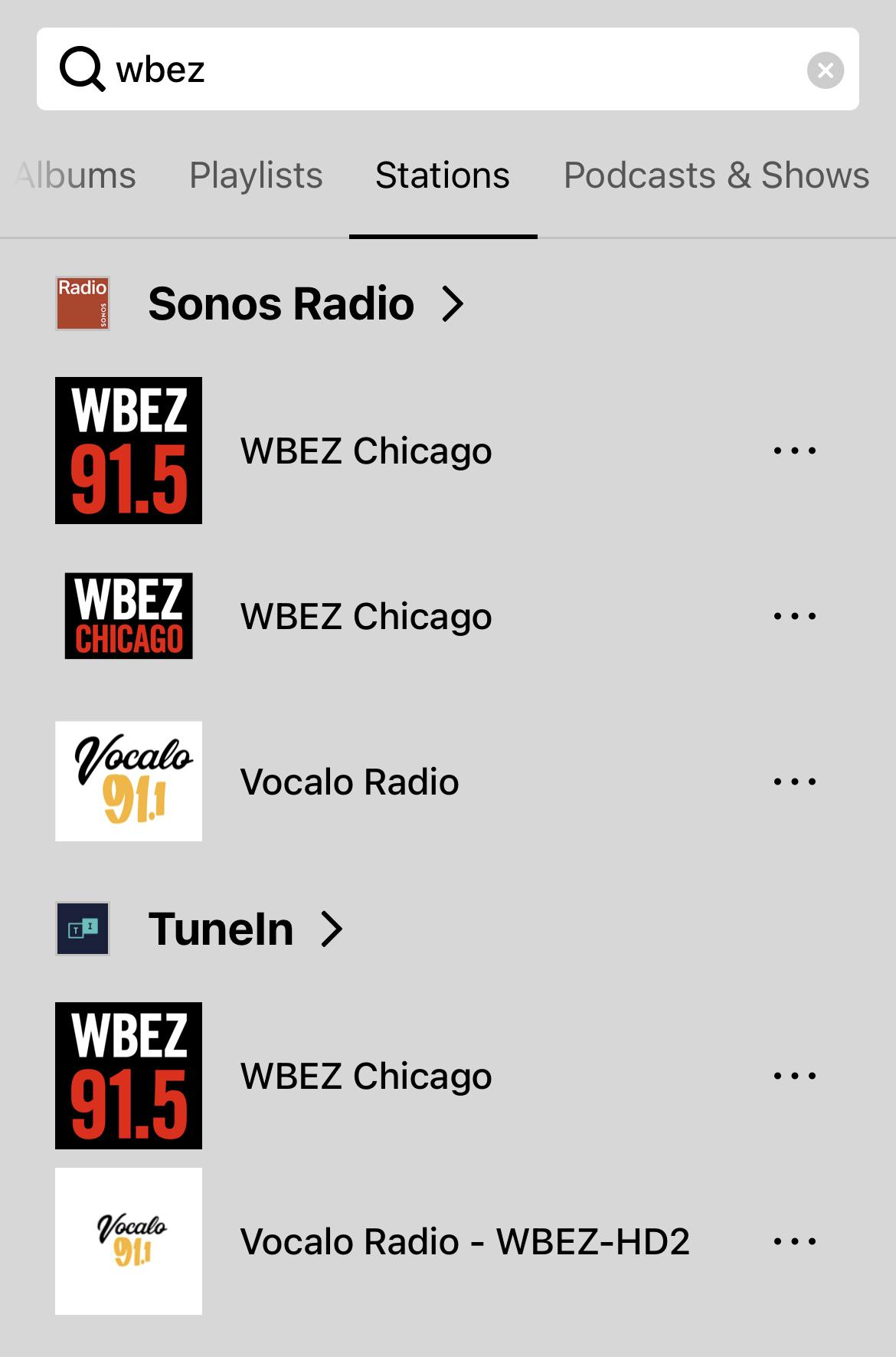 Screenshot of a search in the Sonos app for 'WBEZ' with a list of results