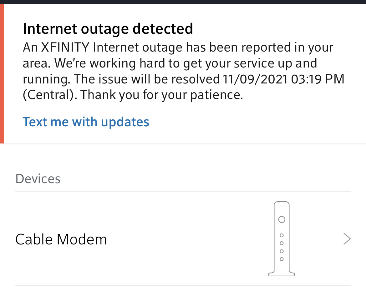 A screenshot of the Xfinity mobile app showing 'Internet outage detected' and a list of devices.