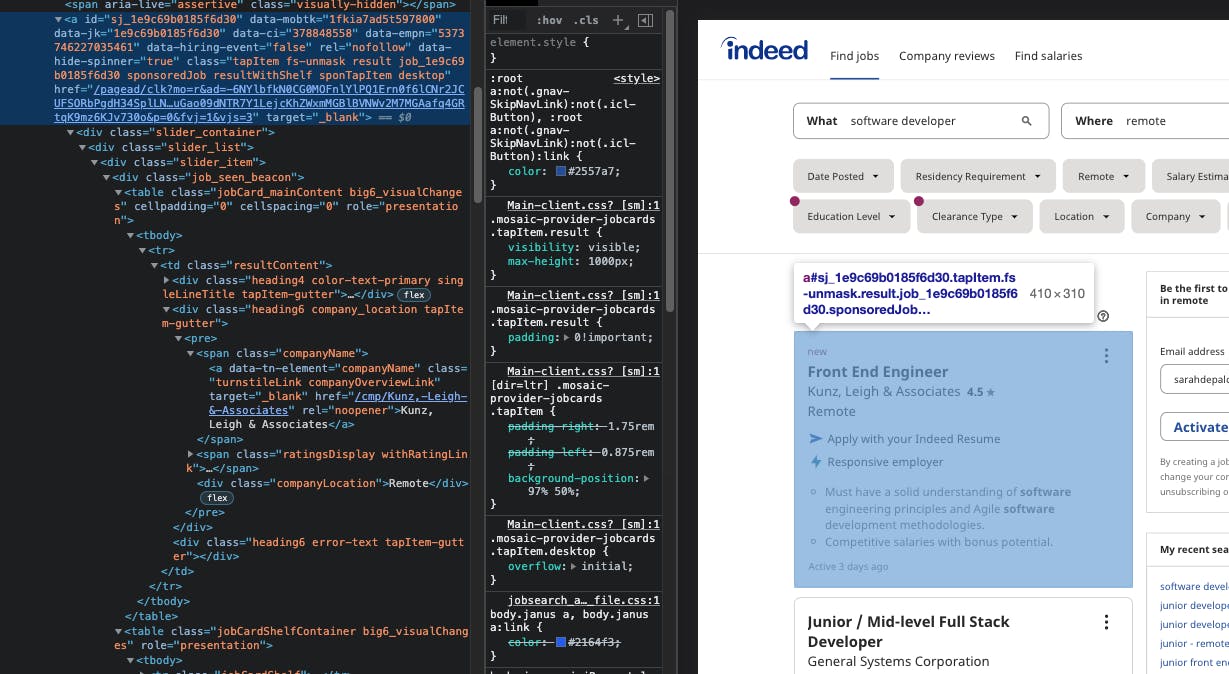 page layout of indeed with tapItem selected