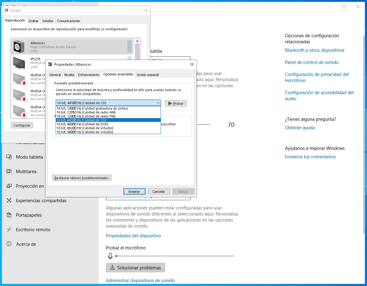 Configuración de la frecuencia de muestreo en Windows 10