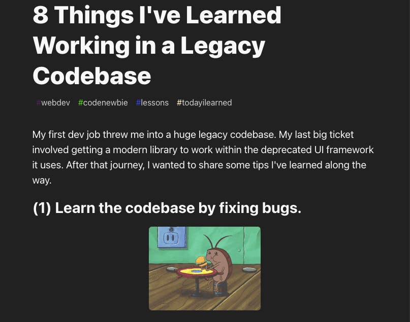 the title and heading of Abbey's blog 8 things I learned in a legacy codebase on DEV