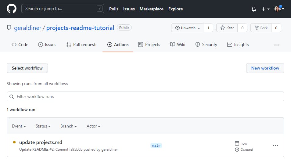 The GitHub Actions tab after committing the projects.md file with changes