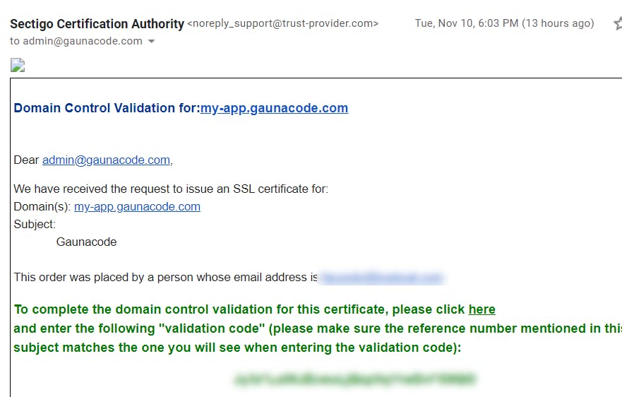 Example email from Comodo to verify email