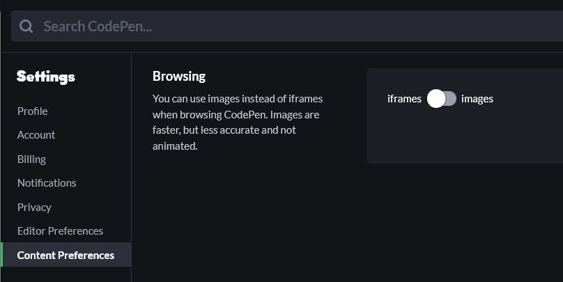 content preference toggle in CodePen settings