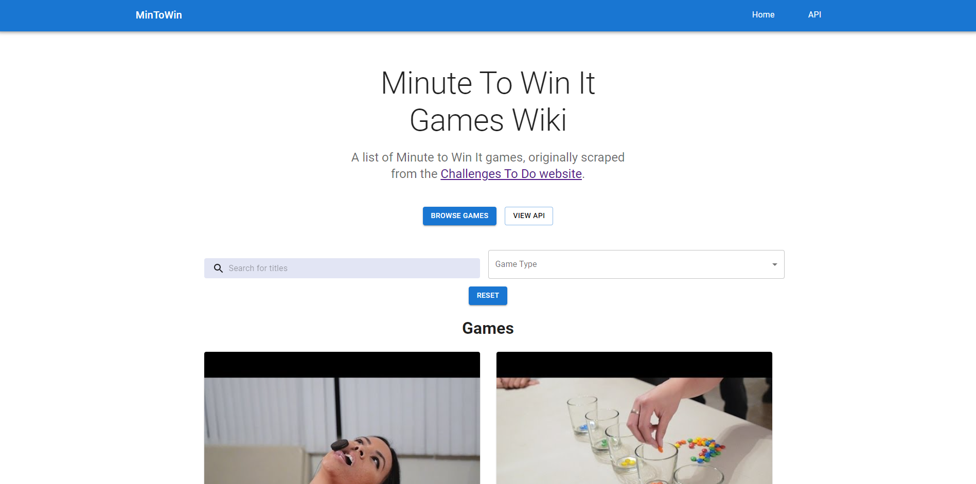 Minute To Win It Games Wiki & API demo gif