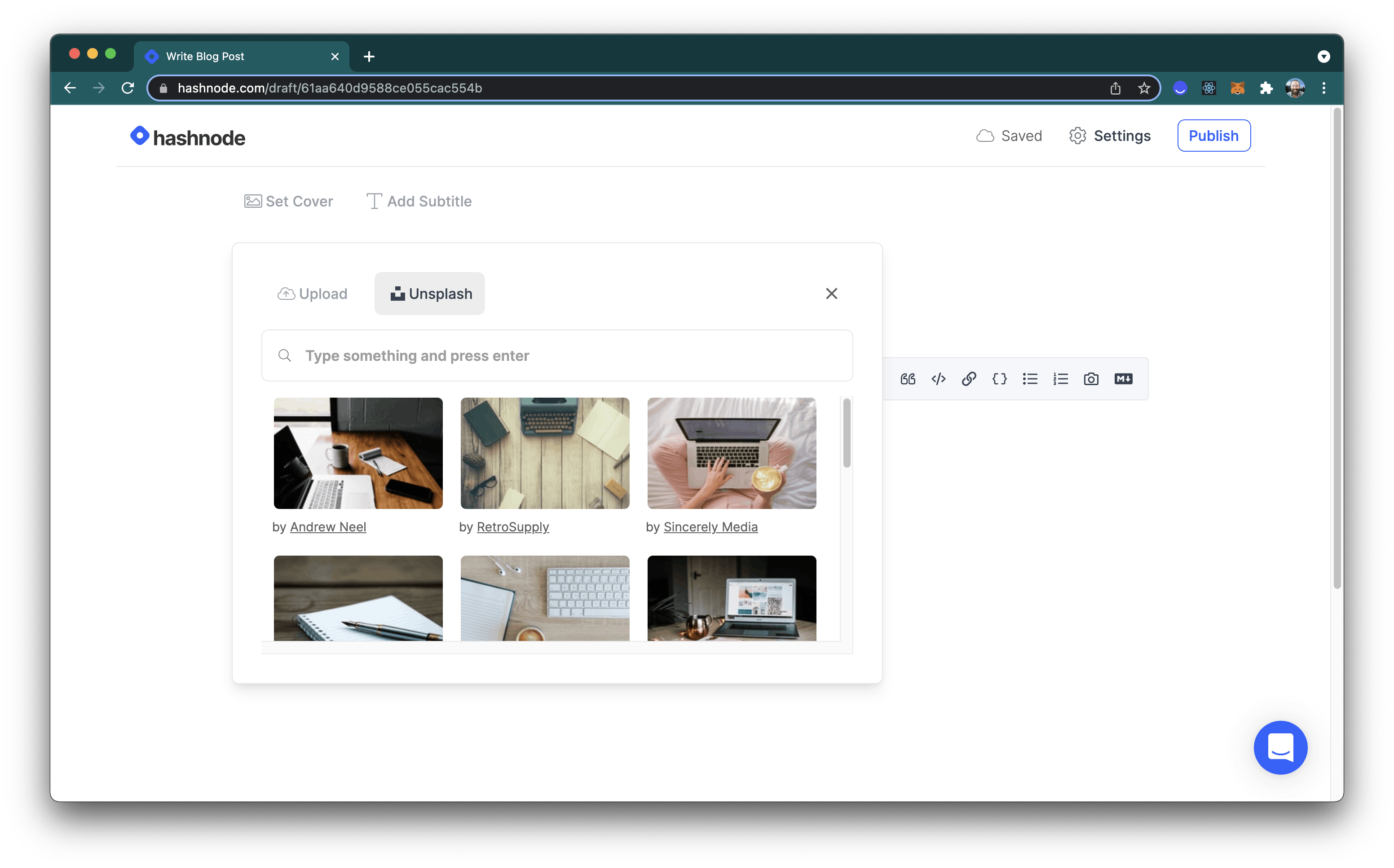 Screen Shot of Hashnode post editor UI with Unsplash search feature