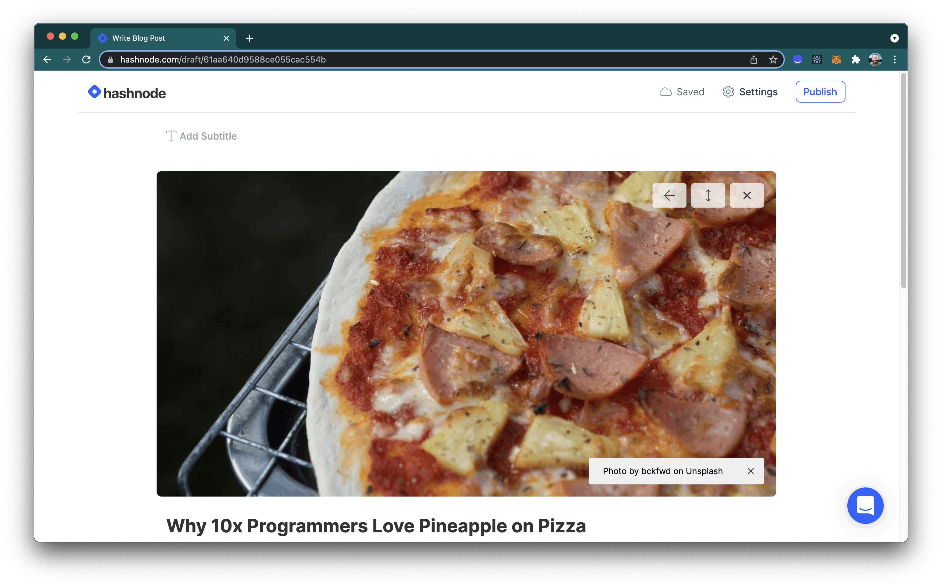 Screen Shot of an article draft entitled Why 10x Programmers Prefer Pineapple on Pizza, along with stock photo of said pizza