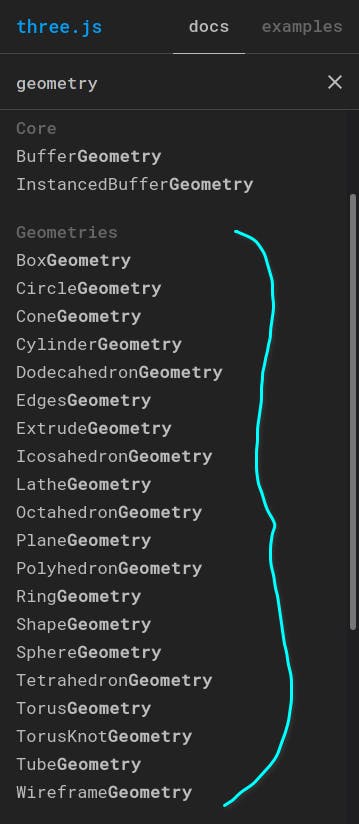 ThreeJs Geometries list sidebar