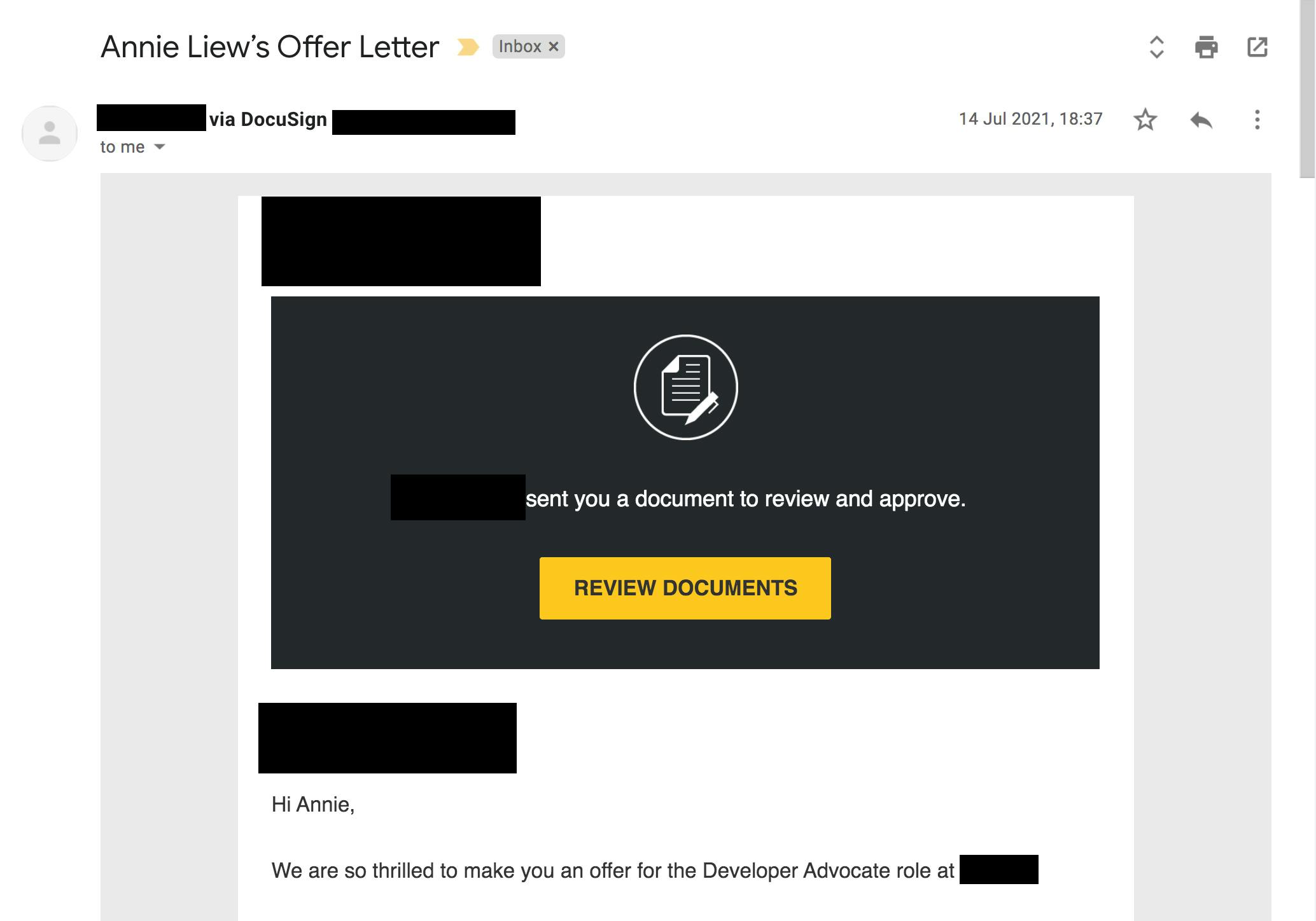 Email of an offer letter from DocuSign with company identifying information blacked out