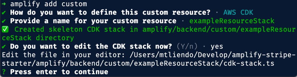 CLI output where a user has confirmed they are using CDK and selected yes to the prompts