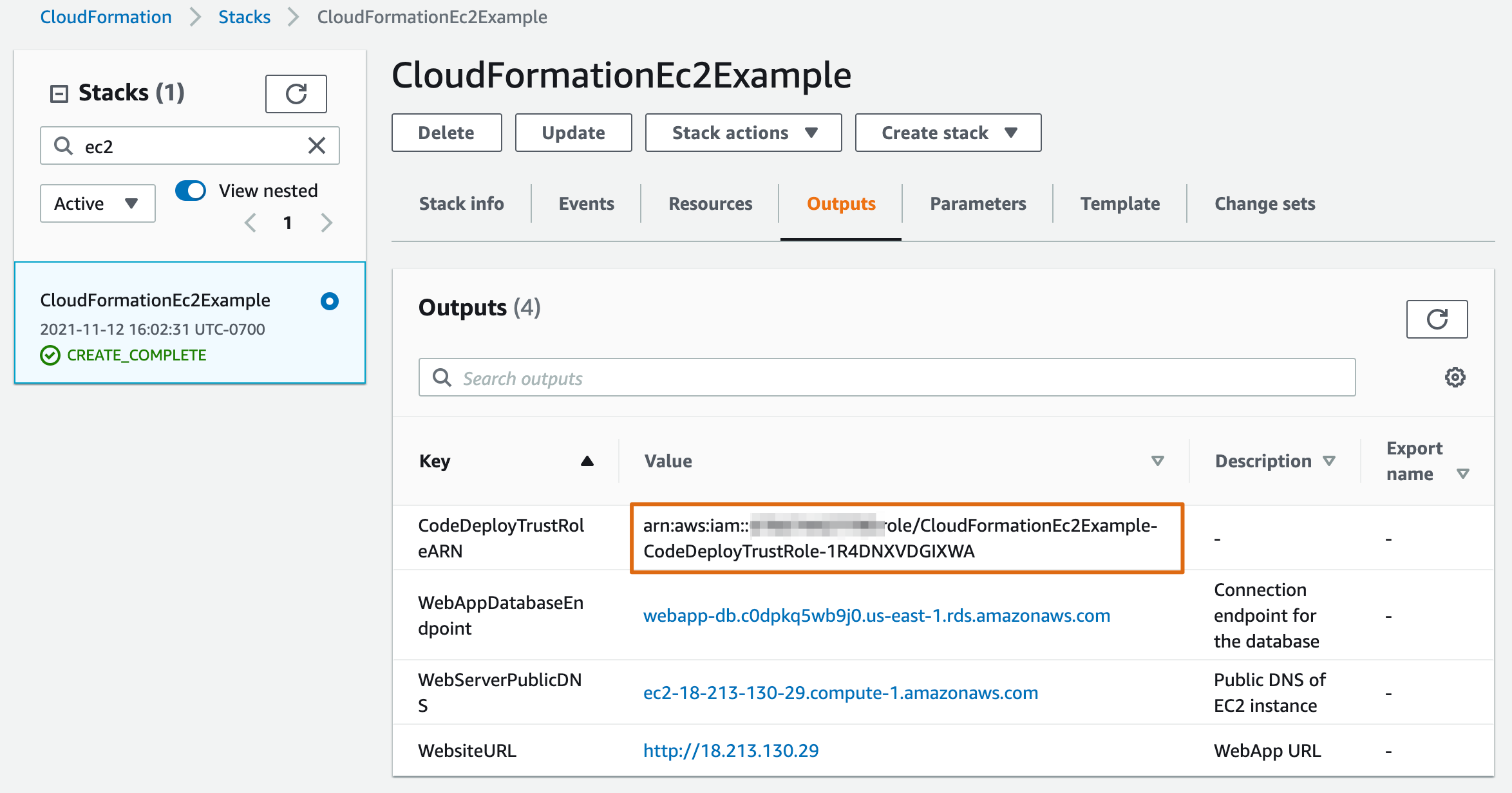 CloudFormation Stack Outputs tab in the AWS Console