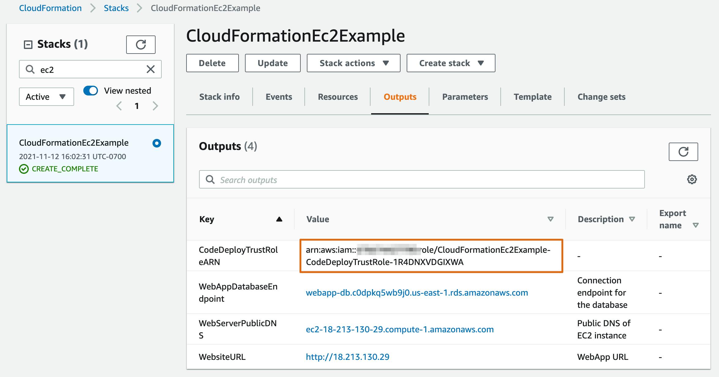 CloudFormation Stack Outputs tab in the AWS Console