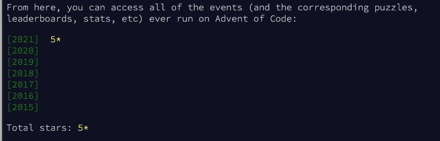 screen shot of advent of code events page