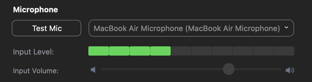 Zoom microphone settings showing higher input level in a green color