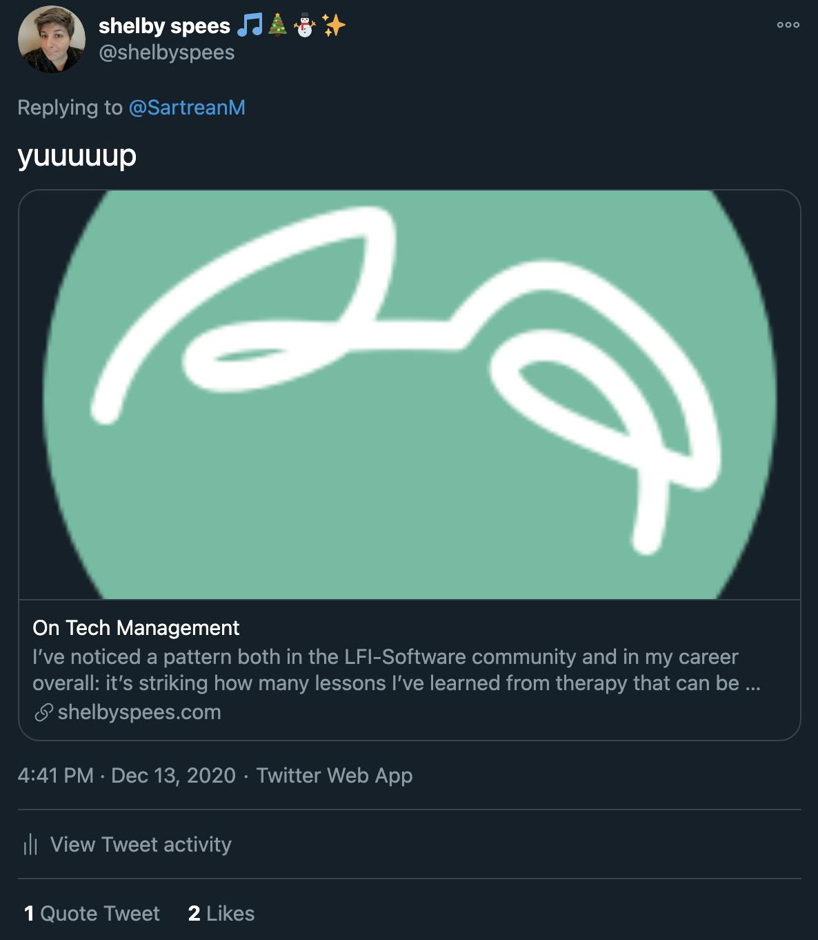 Screenshot of a tweet from Shelby that says “Yuuuup” and links to her blog post “On Tech Management.” The image displayed in the Twitter card is an awkwardly-cropped version of Shelby’s Nova ears logo from her website.