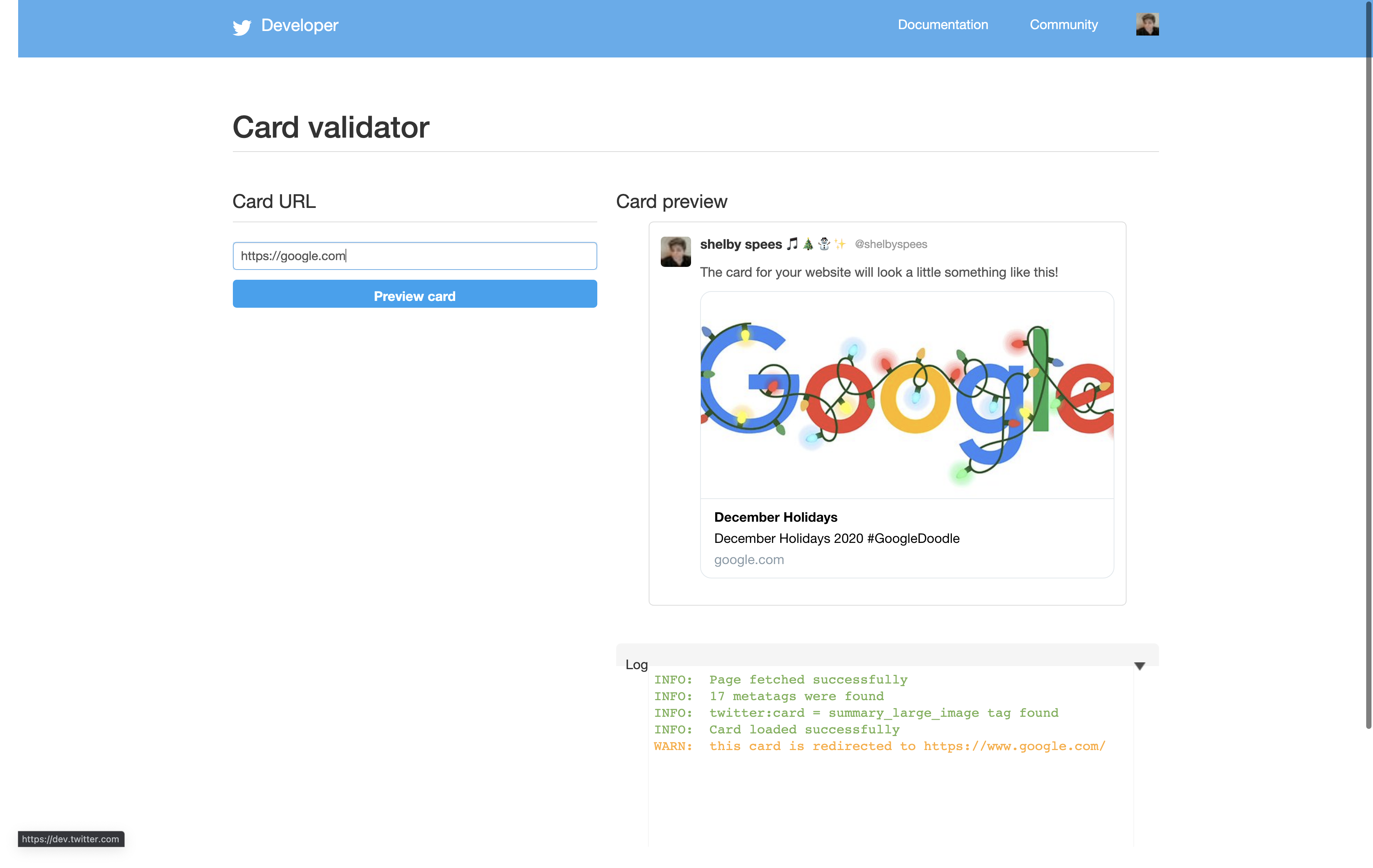 Twitter card validator preview for Google.com, showing the link unfurl with the Google logo decorated for the holidays