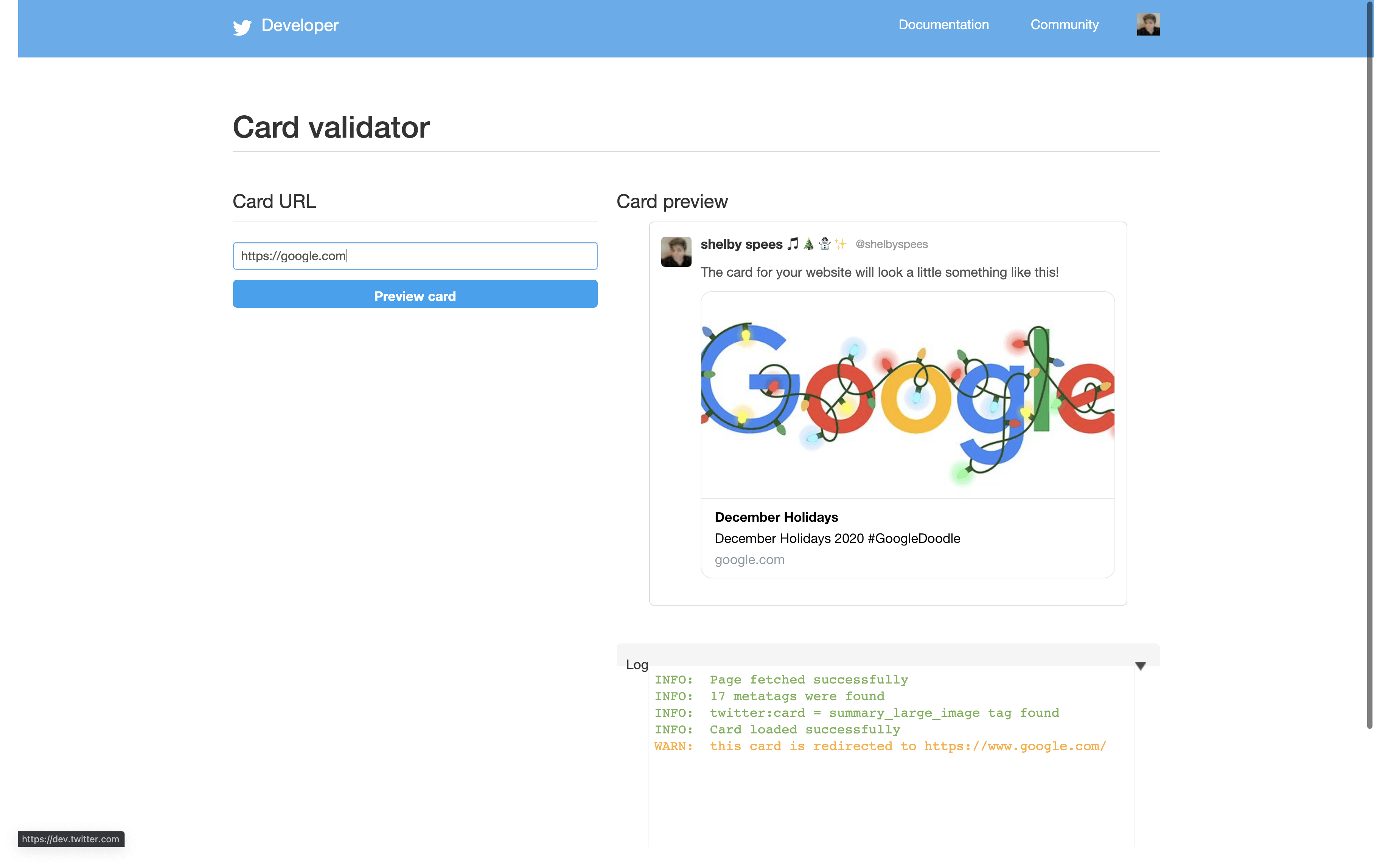 Twitter card validator preview for Google.com, showing the link unfurl with the Google logo decorated for the holidays