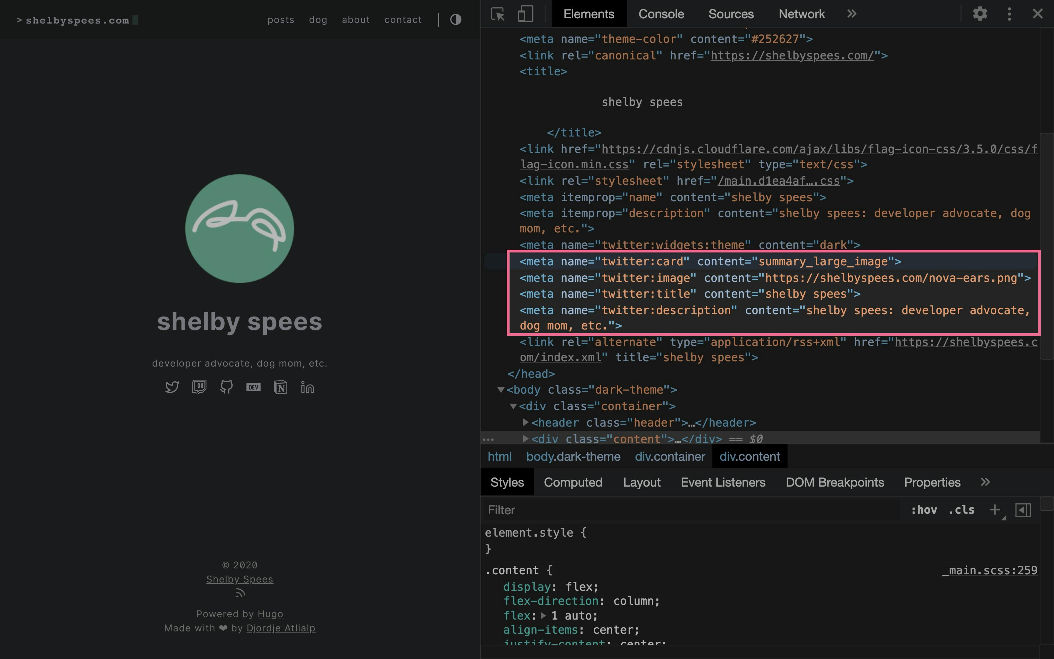 shelbyspees.com with Chrome devtools open, highlighting the Twitter meta tags