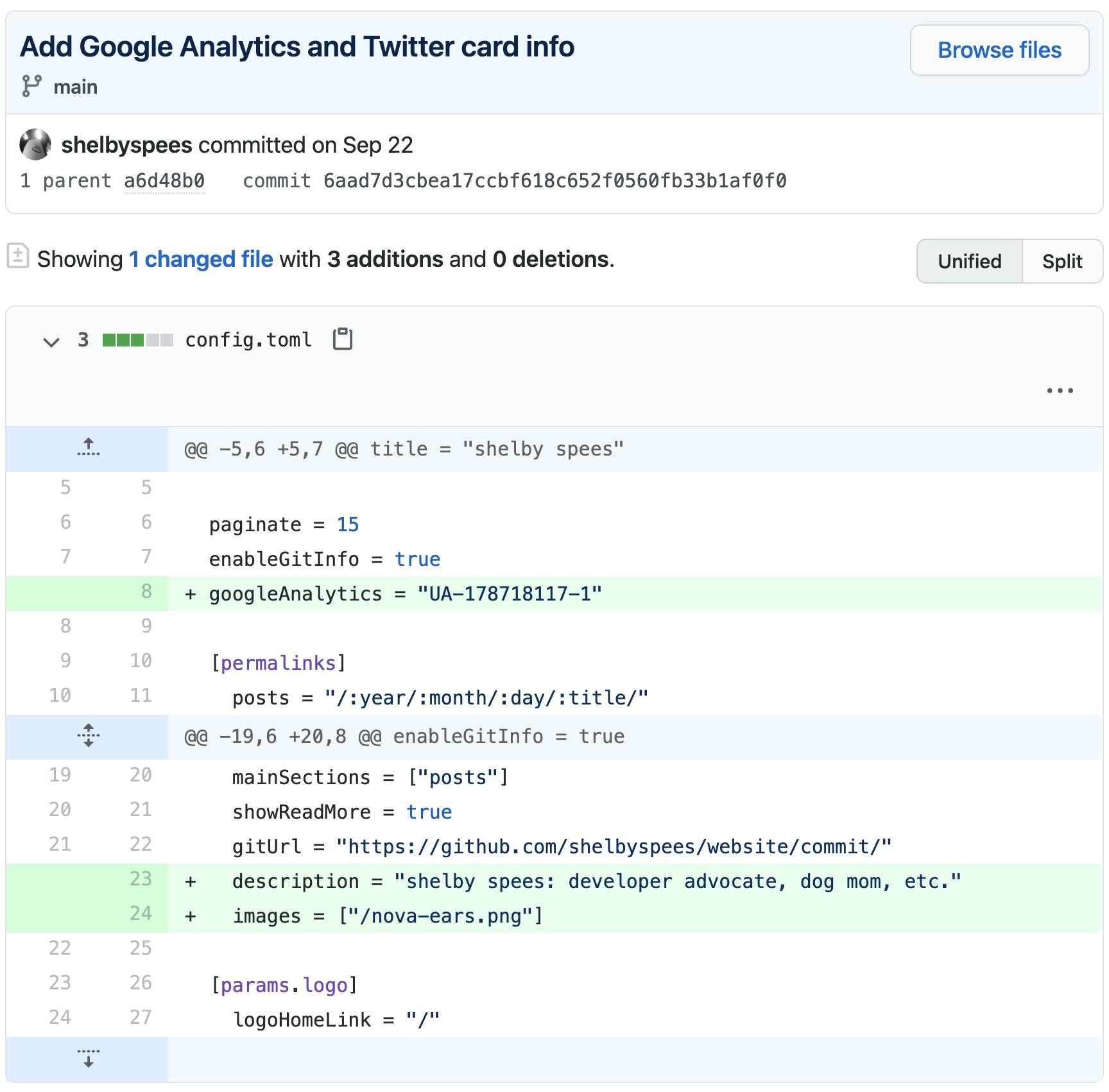 screenshot of commit on GitHub titled ‘Add Google Analytics and Twitter card info’