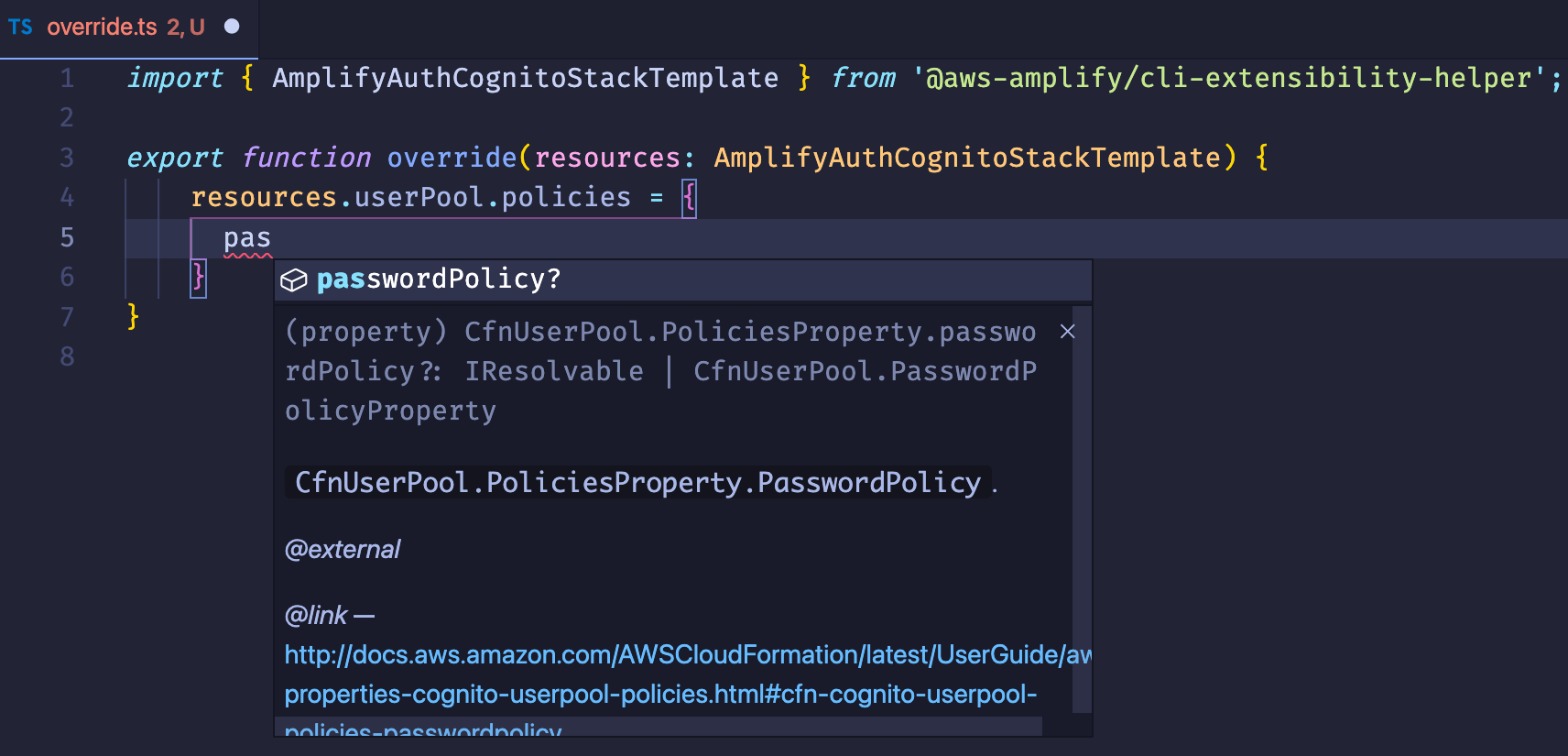 autocomplete showing the passwordPolicy CloudFormation link
