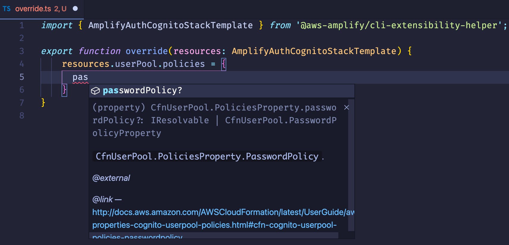 autocomplete showing the passwordPolicy CloudFormation link