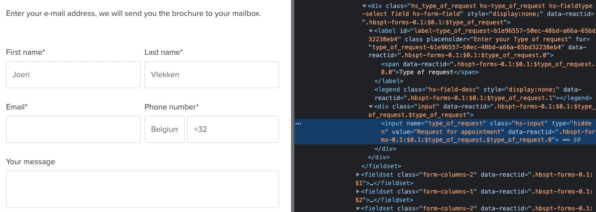 Example of Chrome's code inspector to find a HubSpot hidden field in the source code.